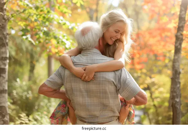 Happy senior man carrying his adult daughter on his back in the woods