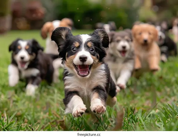A group of Border Collie puppies are running on the grass