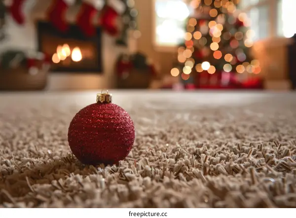 Red Christmas Ornament on Carpet with Blurred Christmas Tree and Fireplace