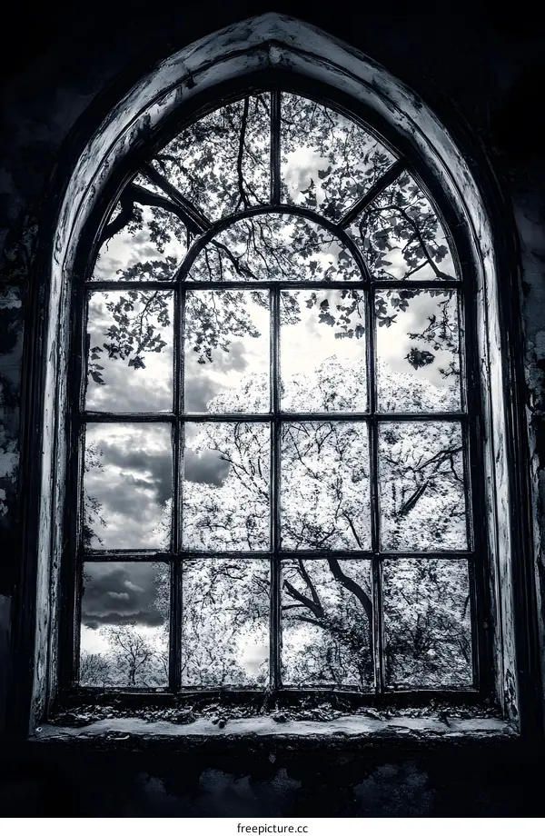 Black and White Photo of an Old Window With Trees