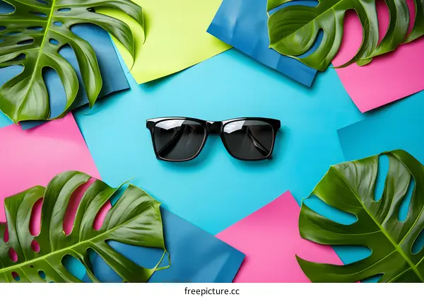 Tropical Summer Sunglasses on Blue Background