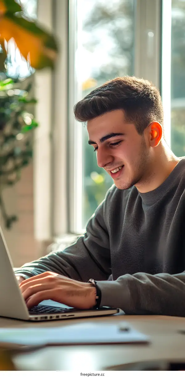 Smiling Young Man Working On Laptop at Home