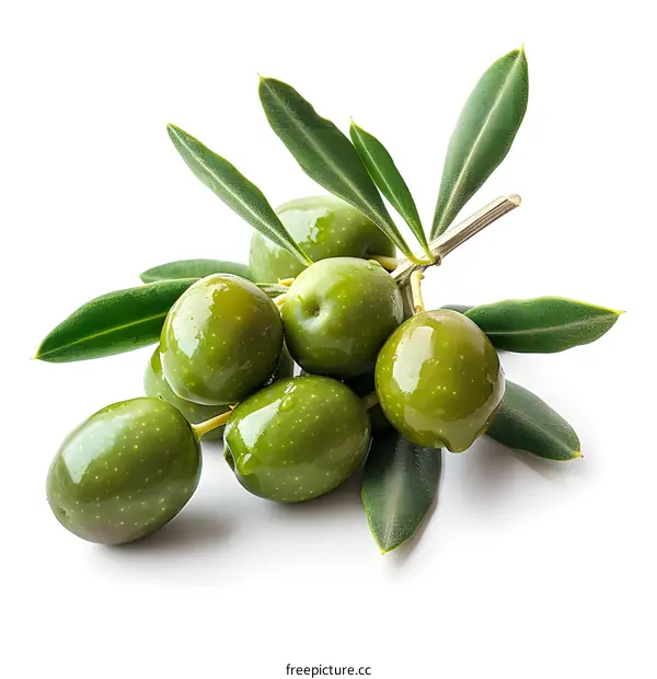 green olives with leaves on white background
