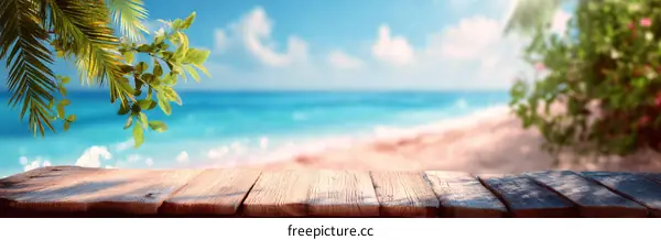 Wooden Tabletop with Beach Background