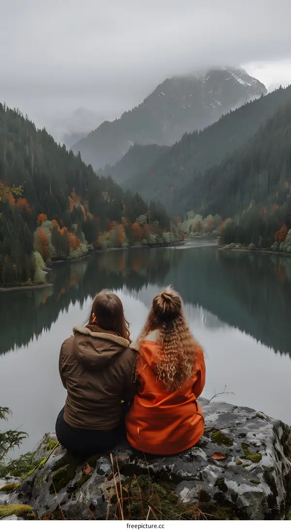 Two Women Sitting On A Rock By A Lake With Mountains In The Background