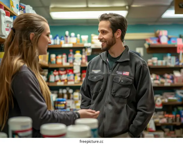 Pharmacist and customer talking in a drug store