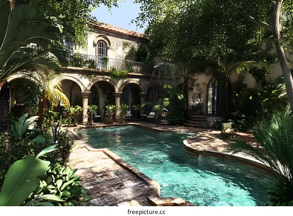 Tropical Courtyard with Pool and Lush Greenery