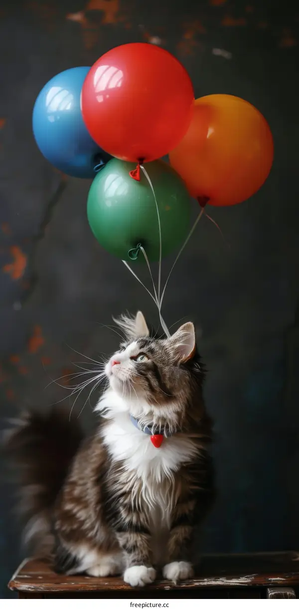 A cat looking up at a bunch of balloons