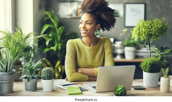 Woman Working in a Home Office Surrounded by Plants