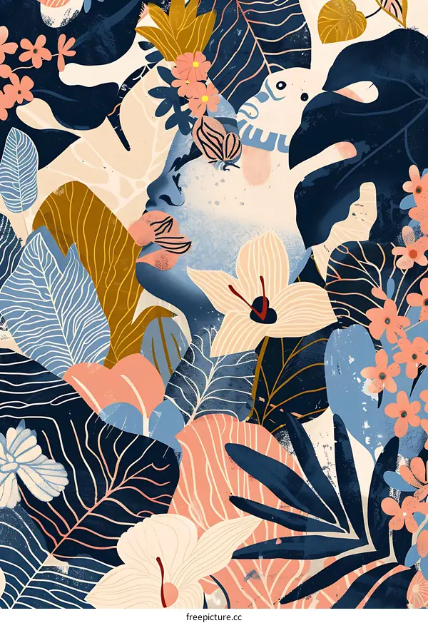 Abstract Tropical Botanical Illustration with Flowers