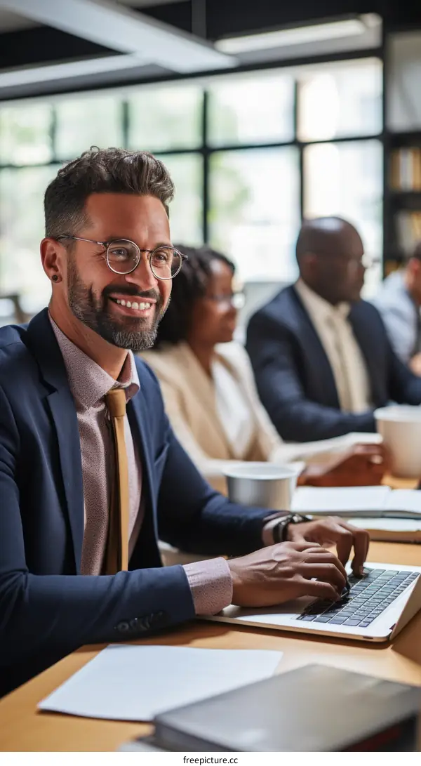 Confident businessman working on laptop in a modern office with colleagues in the background