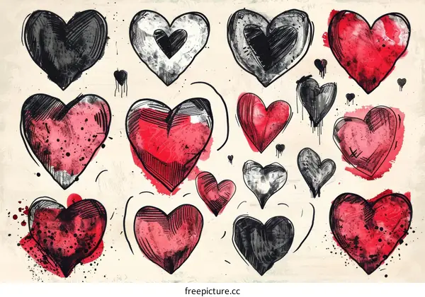 A Collection of Grungy Painted Hearts