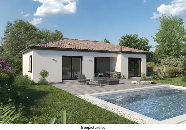 Modern Ranch House With Swimming Pool And Backyard