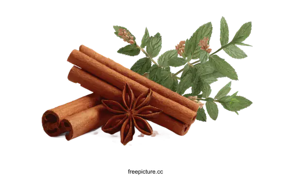 [Transparent Background PNG]Cinnamon Sticks and Star Anise with Mint