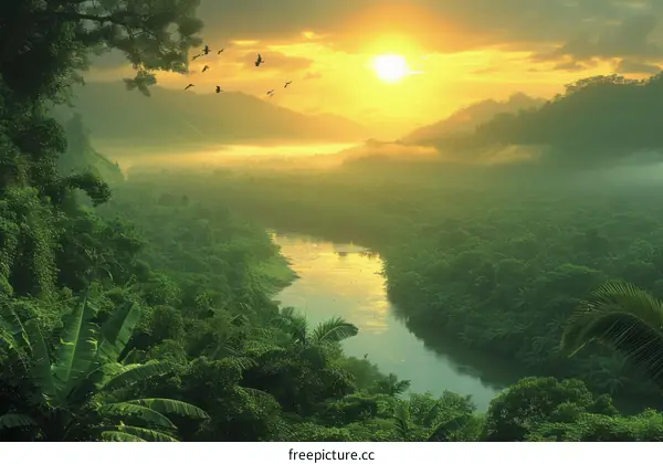 The sun rises over a lush green rainforest and a river flowing through it