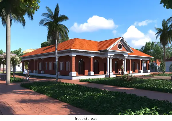 Red Brick Building With White Columns And Palm Trees