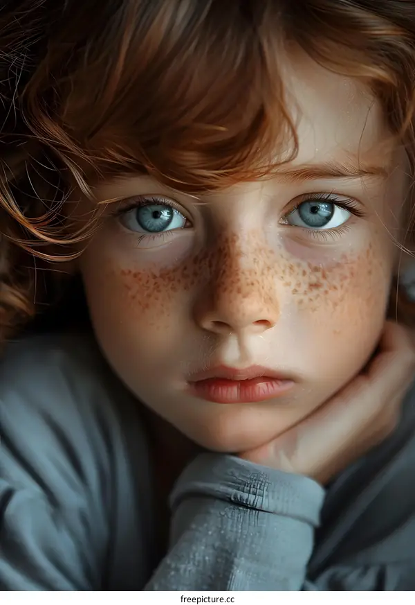 Freckled boy close up portrait