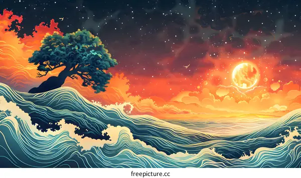 The sea is rough and the tree is alone