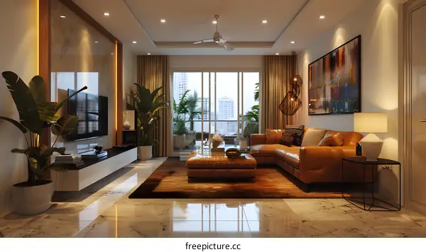 Brown leather sofa living room