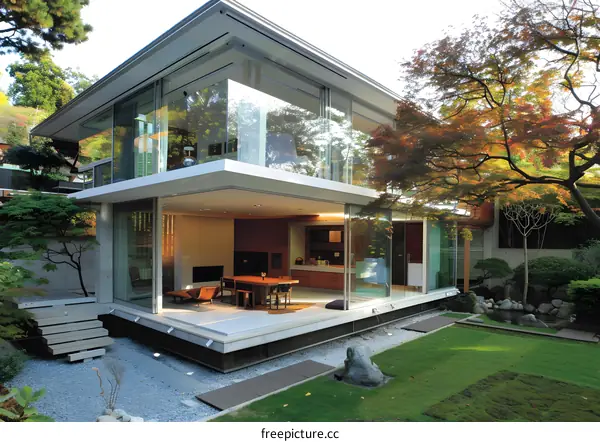 Modern Japanese House with Glass Walls and a Garden