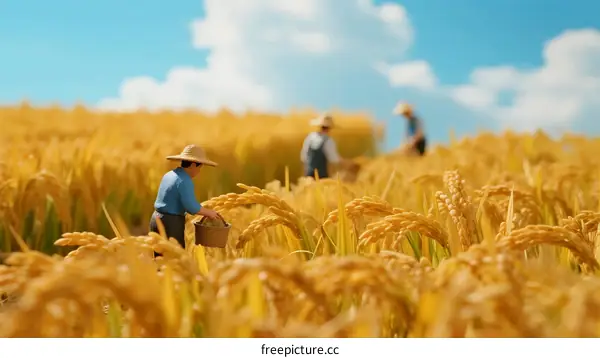Farmers harvesting golden rice crops under blue sky