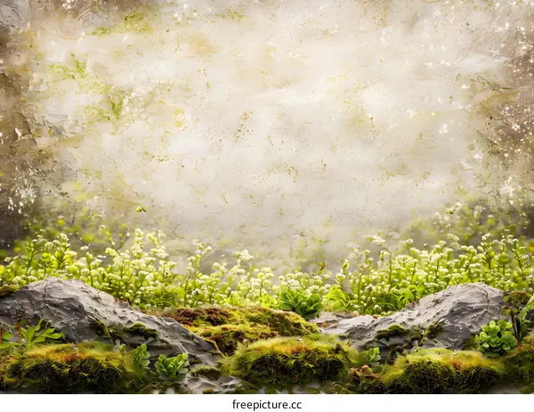 Green Moss and White Flowers Background Texture