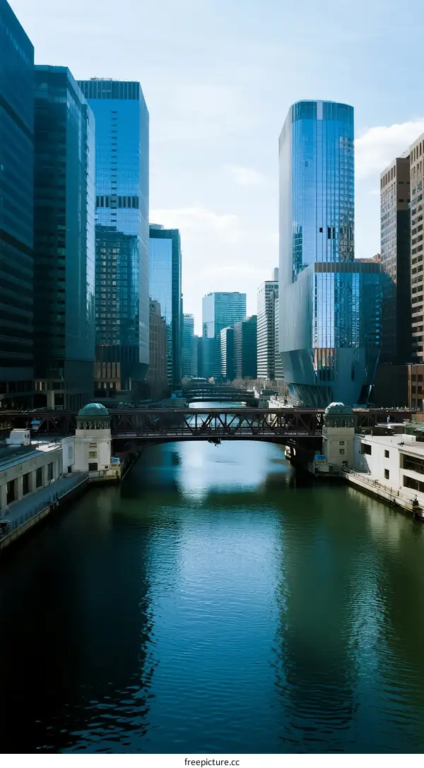 Urban river flowing through modern city with tall buildings