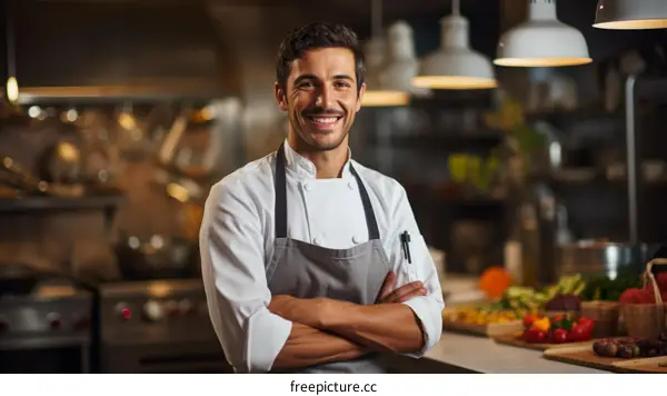 Portrait of a happy chef standing in a commercial kitchen