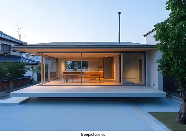 Modern Japanese House with Glass Walls and Concrete Patio