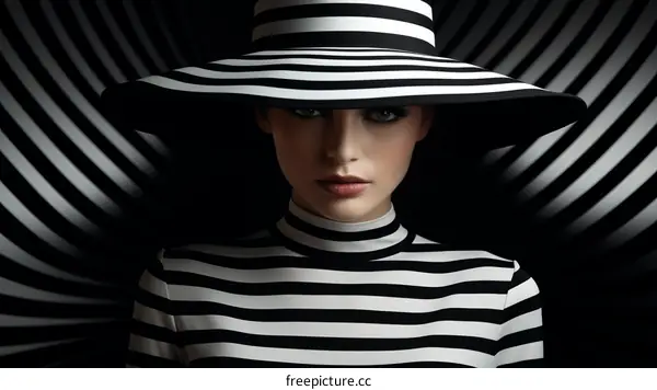 Black and white portrait of a woman wearing a striped hat and shirt