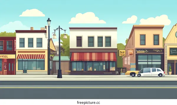 Cartoon City Street With Shops And Businesses