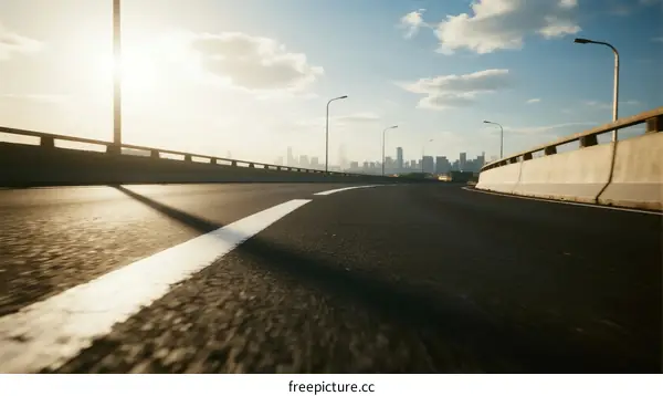 Sunlit highway with city skyline in the distance