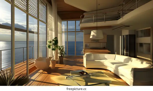 Modern Living Room with Ocean View and Curved Sofa