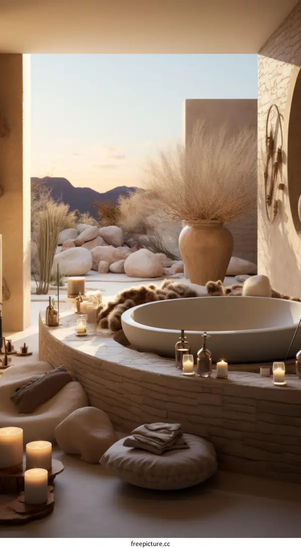 Luxury bathroom with a stunning view of the desert landscape