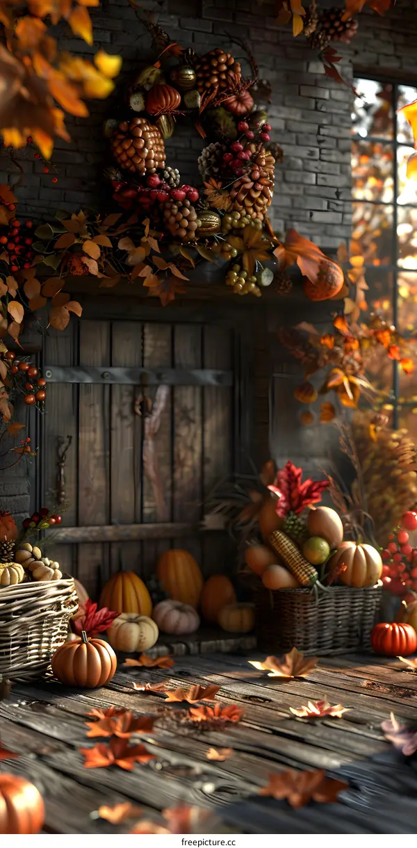 A bountiful harvest of pumpkins and gourds in a rustic setting