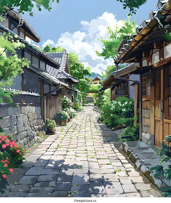 An illustration of a narrow street in a Japanese town