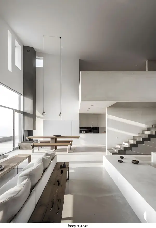 Minimalist Modern Home Interior Design with White Walls and Concrete Stairs