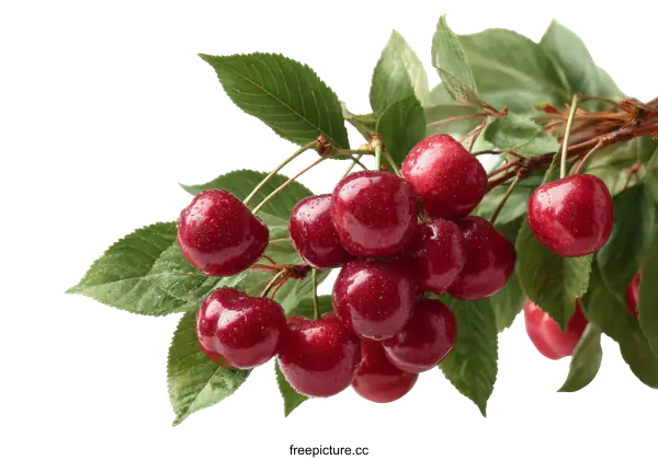 [Transparent Background PNG]Fresh Cherries on Branch with Leaves