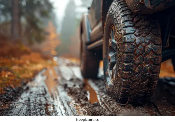 All-Terrain Vehicle Tire Driving Through Mud
