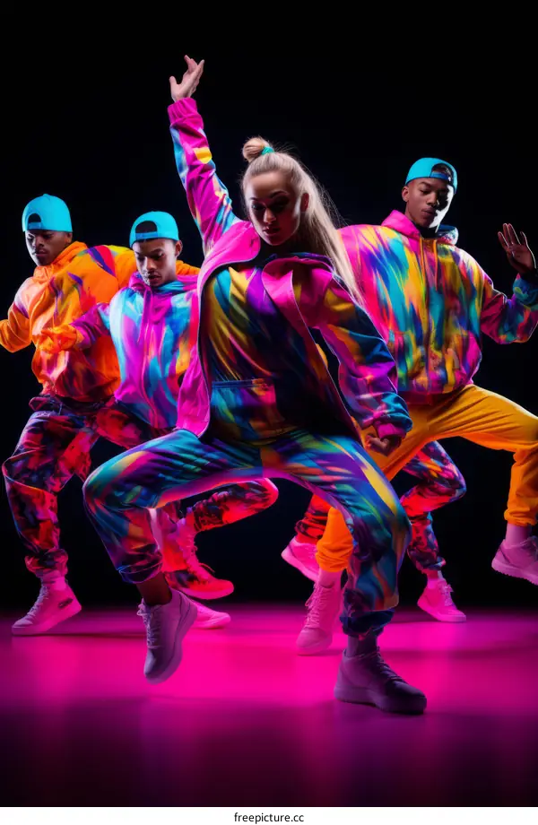 Four people dancing in colorful outfits with a black background