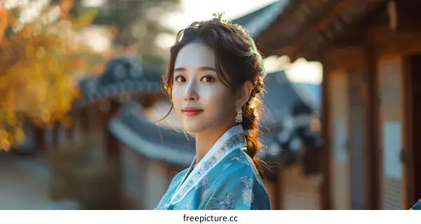 Portrait of a young Korean woman in traditional dress, or Hanbok