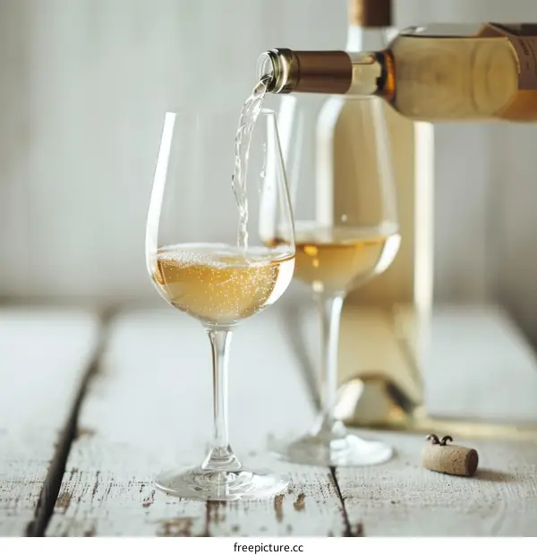 Close-up of pouring white wine into glass