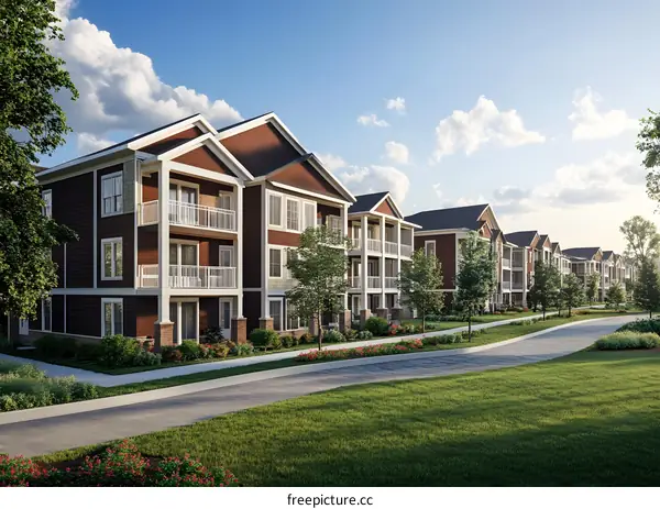 Modern Brown Apartment Building Exterior With Landscaped Grounds