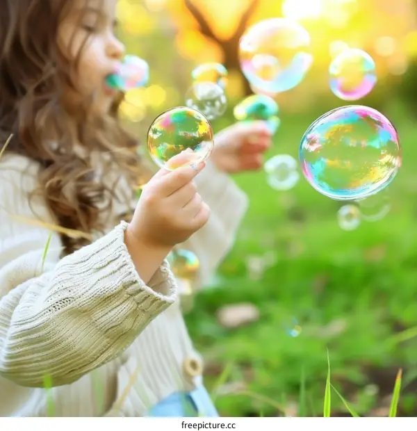 Little girl playing with soap bubbles in the park