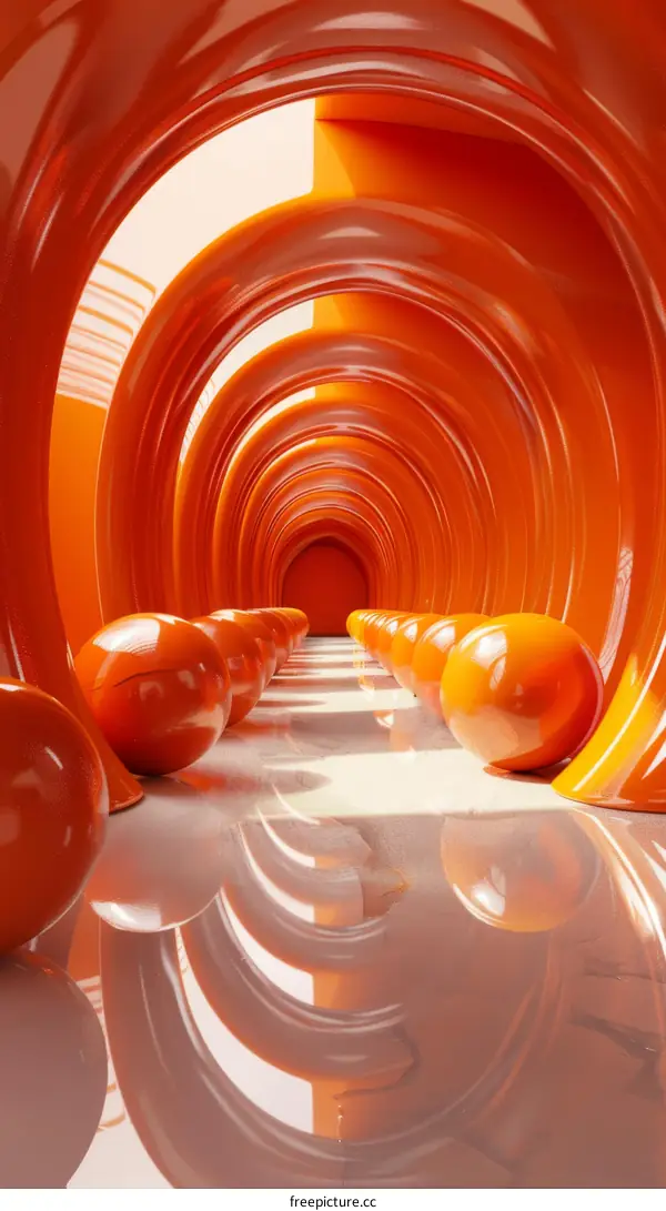 Orange Tunnel with Floating Spheres - Futuristic Hallway