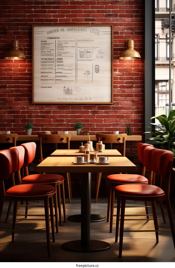 Cozy restaurant interior with brick walls and wooden tables
