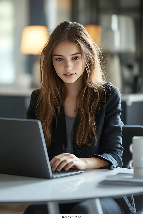 Young Woman Working on Laptop in Modern Setting