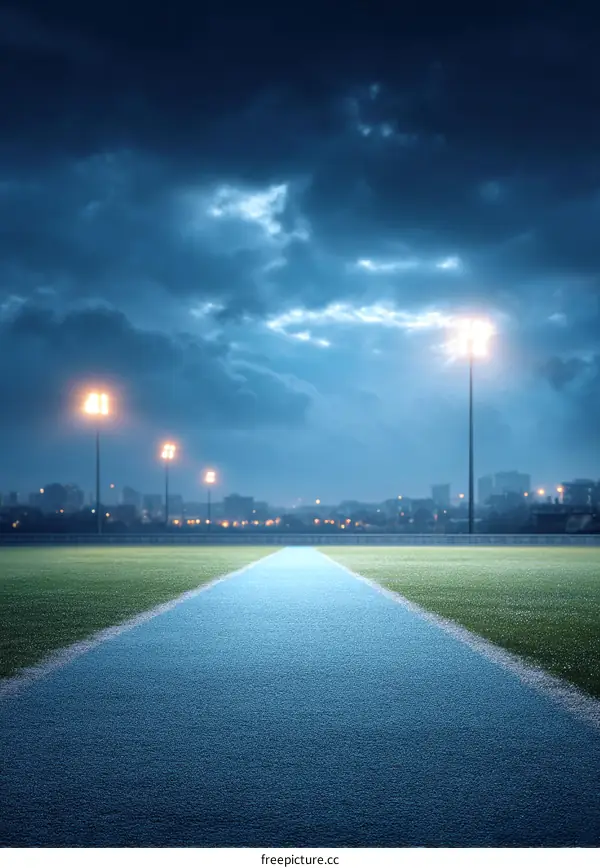 Empty Sports Field at Night with Track and Floodlights