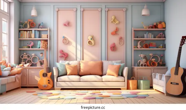 A cozy living room with a sofa, coffee table, rug, and bookshelves.