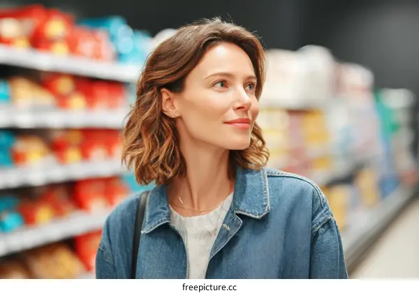 Woman Shopping in a Supermarket with Food Products